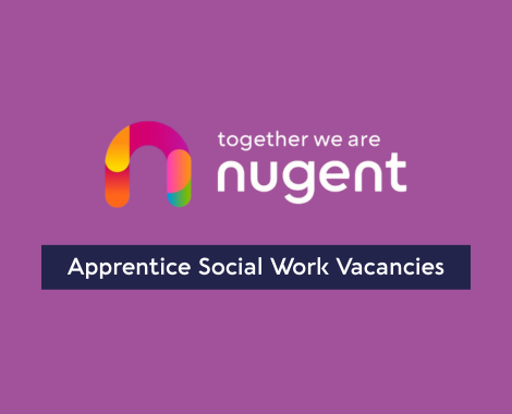 Nugent care logo set in the centre of a purple background. Below is a navy graphic rectangle with text to show apprentice vacancies in social work are avaialble.